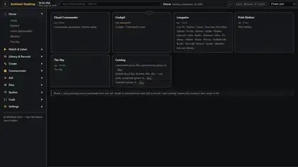 The Mindow home screen showing module cards for Cloud Commander, Cockpit, Longwire, Print Station and The Sky
