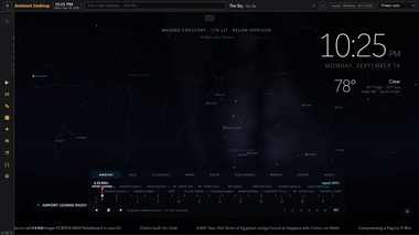 Mindow's Sky view: a real-time star map with moon phase, current weather, ambient radio, and a news ticker
